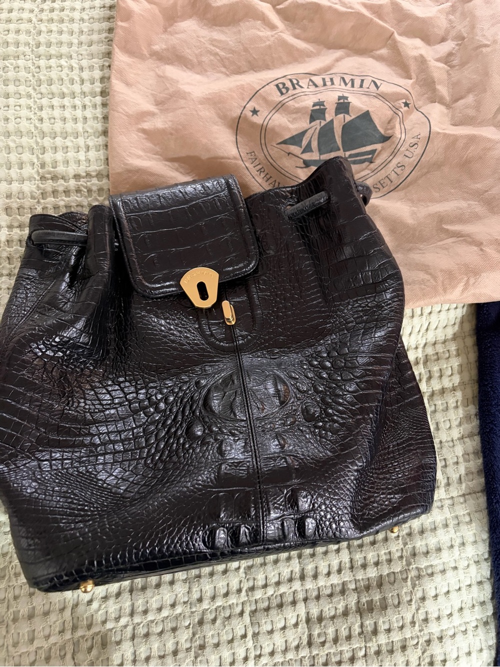 Brahmin Dark Brown Croc-Embossed Leather Backpack with Gold Hardware